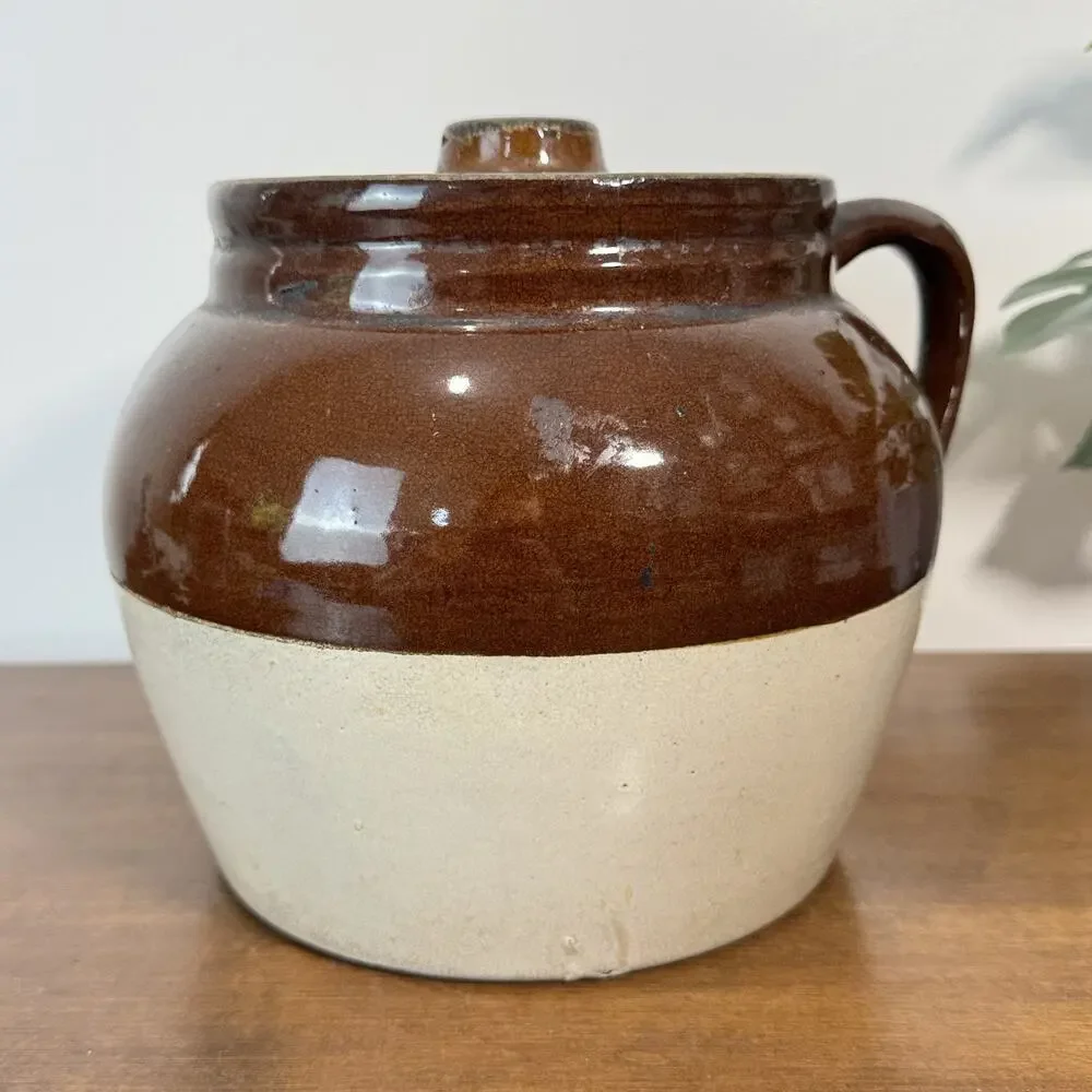 Vintage Bristol Pottery 3 Qt Brown Stoneware Bean Pot Crock w/ Lid Crown Mark